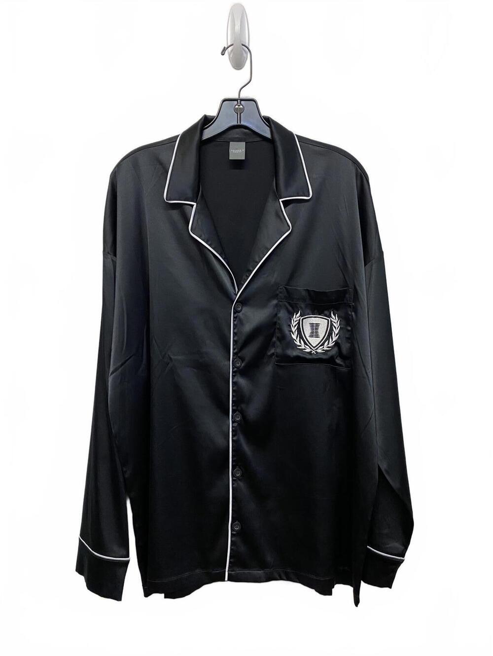 Savage Fenty Black Satin Pajama Shirt & Shorts White Piping Chest Pocket Small